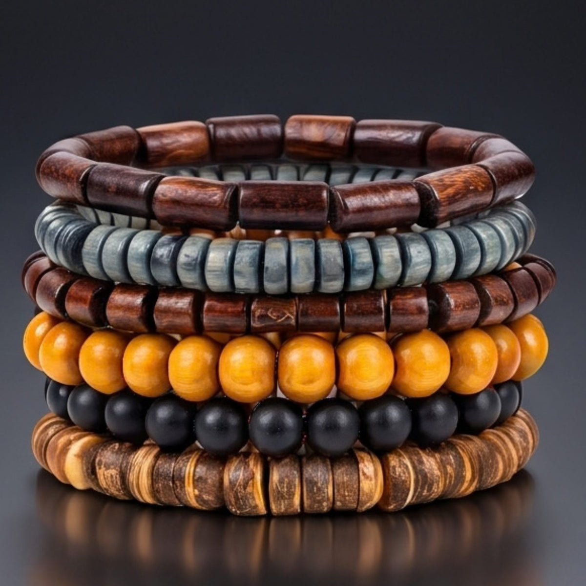 THE MEN THING Bead Bracelets EARTH STACK - 6 Pcs Genuine Beads Adjustable Bracelet for Men & Boys