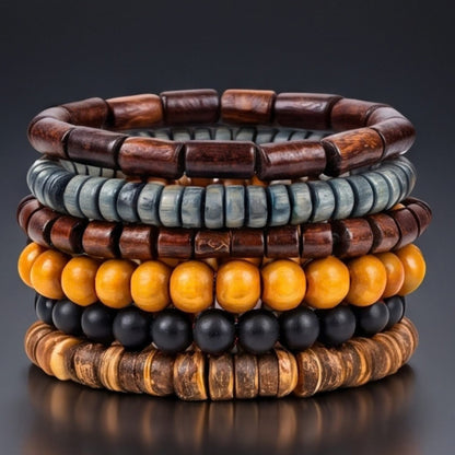 THE MEN THING Bead Bracelets EARTH STACK - 6 Pcs Genuine Beads Adjustable Bracelet for Men & Boys