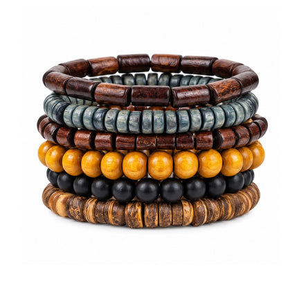 THE MEN THING Bead Bracelets EARTH STACK - 6 Pcs Genuine Beads Adjustable Bracelet for Men & Boys
