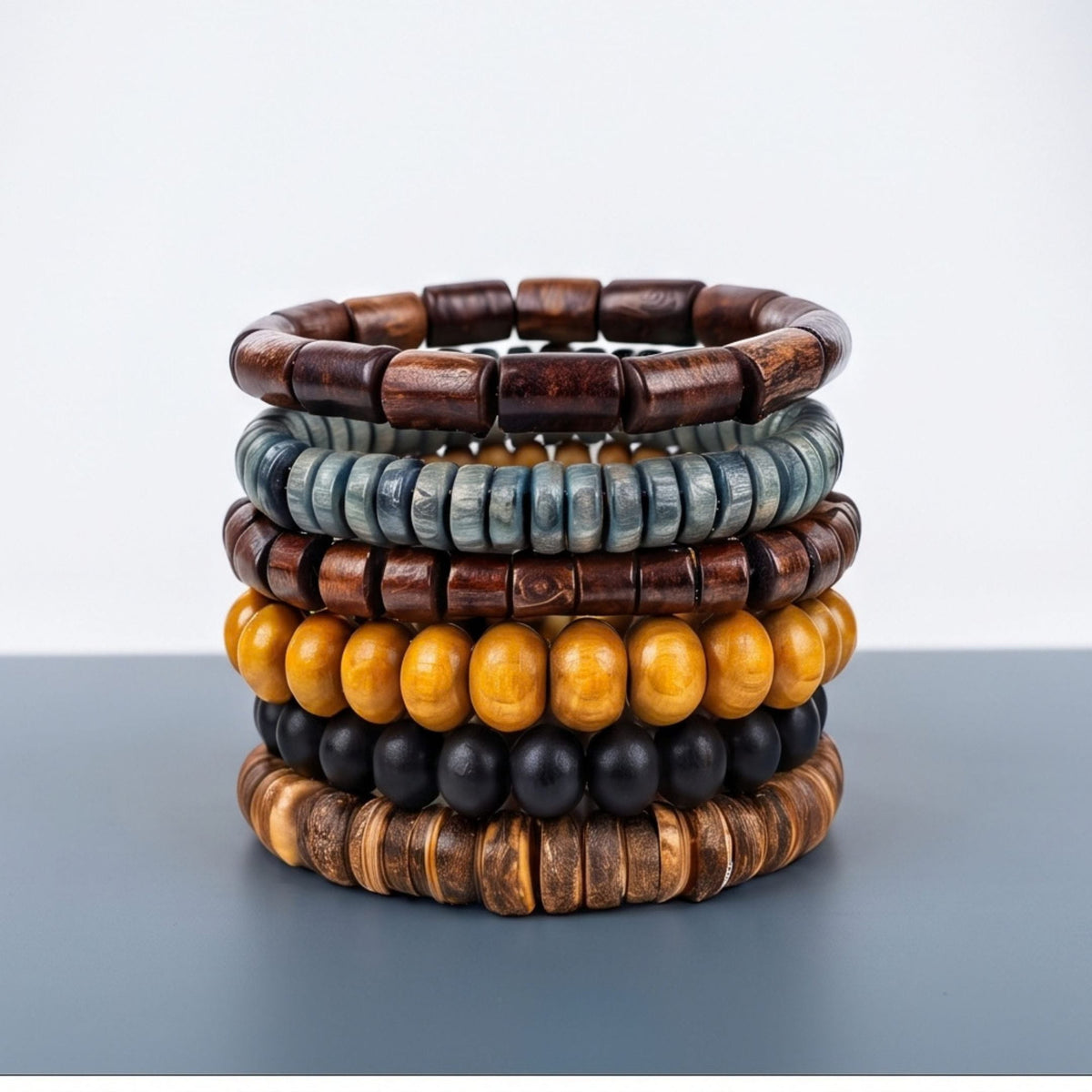 THE MEN THING Bead Bracelets EARTH STACK - 6 Pcs Genuine Beads Adjustable Bracelet for Men & Boys