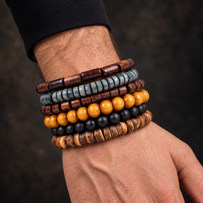 THE MEN THING Bead Bracelets EARTH STACK - 6 Pcs Genuine Beads Adjustable Bracelet for Men & Boys