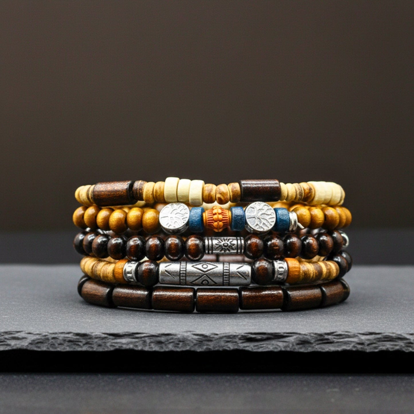 THE MEN THING Bead Bracelets EARTHBORN SENTINEL - 5 Pcs Genuine Leather Adjustable Bracelet Set for Men & Boys (8 inch)