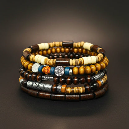 THE MEN THING Bead Bracelets EARTHBORN SENTINEL - 5 Pcs Genuine Leather Adjustable Bracelet Set for Men & Boys (8 inch)