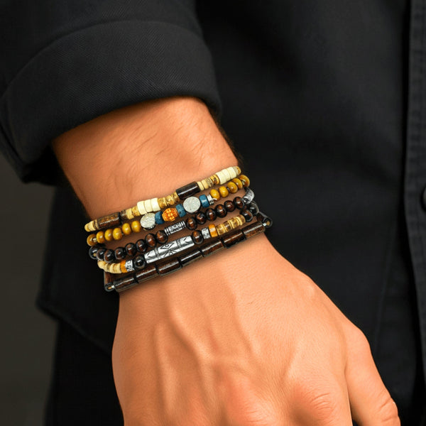 EARTHBORN SENTINEL - 5 Pcs Genuine Leather Adjustable Bracelet Set for Men & Boys (8 inch)