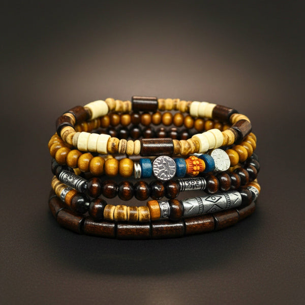 EARTHBORN SENTINEL - 5 Pcs Genuine Leather Adjustable Bracelet Set for Men & Boys (8 inch)