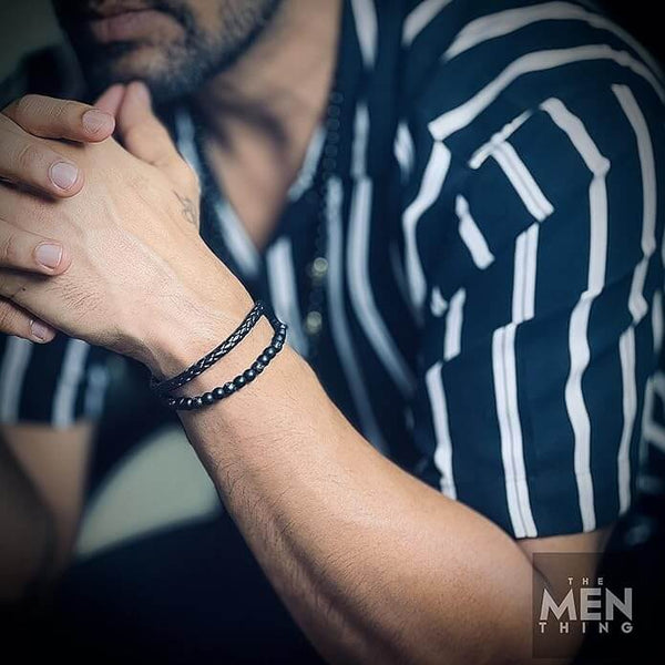 EBONY DUO - पुरुषों और लड़कों के लिए मल्टी-लेयर ब्रेडेड, 100% स्टेनलेस स्टील मैग्नेटिक बकल के साथ यूरोपीय स्टाइल असली लेदर ब्रेसलेट (7 इंच)