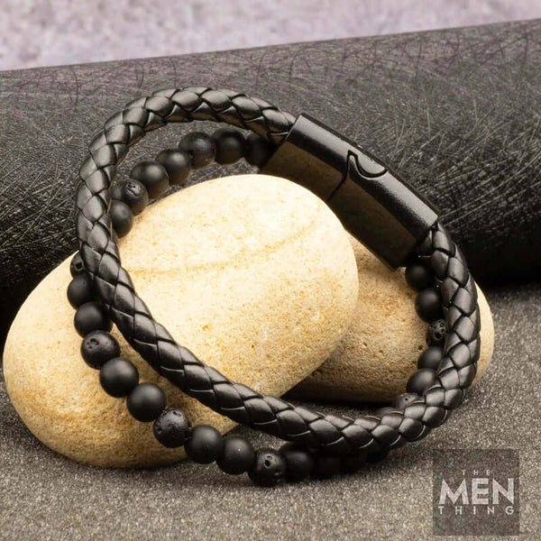 EBONY DUO - पुरुषों और लड़कों के लिए मल्टी-लेयर ब्रेडेड, 100% स्टेनलेस स्टील मैग्नेटिक बकल के साथ यूरोपीय स्टाइल असली लेदर ब्रेसलेट (7 इंच)