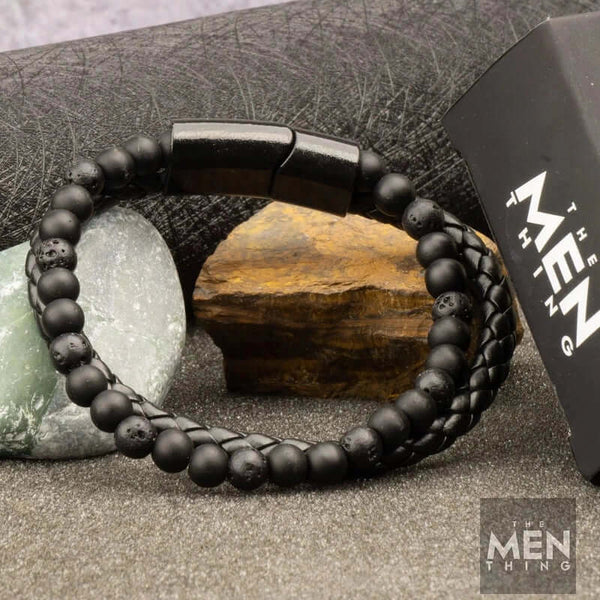 EBONY DUO - पुरुषों और लड़कों के लिए मल्टी-लेयर ब्रेडेड, 100% स्टेनलेस स्टील मैग्नेटिक बकल के साथ यूरोपीय स्टाइल असली लेदर ब्रेसलेट (7 इंच)