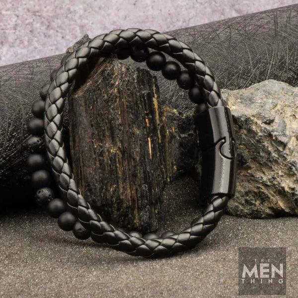 EBONY DUO - पुरुषों और लड़कों के लिए मल्टी-लेयर ब्रेडेड, 100% स्टेनलेस स्टील मैग्नेटिक बकल के साथ यूरोपीय स्टाइल असली लेदर ब्रेसलेट (7 इंच)