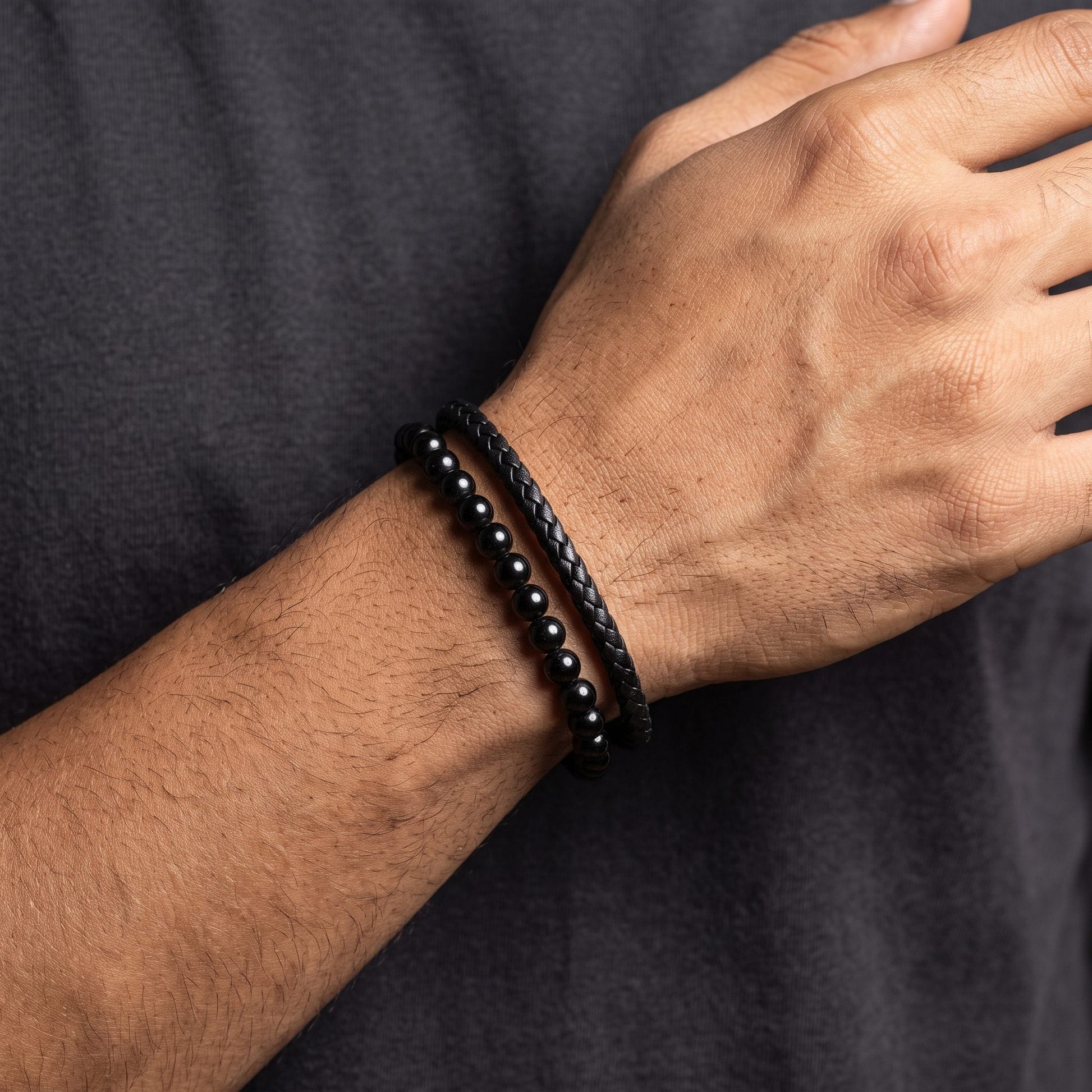 THE MEN THING Bead Bracelets EBONY DUO -  European Style Genuine Leather Bracelet with Multi-Layer Braided, 100% Stainless Steel Magnetic Buckle for Men & Boys (7 inch)