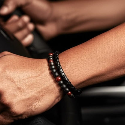 THE MEN THING Bead Bracelets ECLIPSE SAND - European Style Genuine Leather Bracelet with Multi-Layer Braided, 100% Stainless Steel Magnetic Buckle for Men & Boys (7 inch)