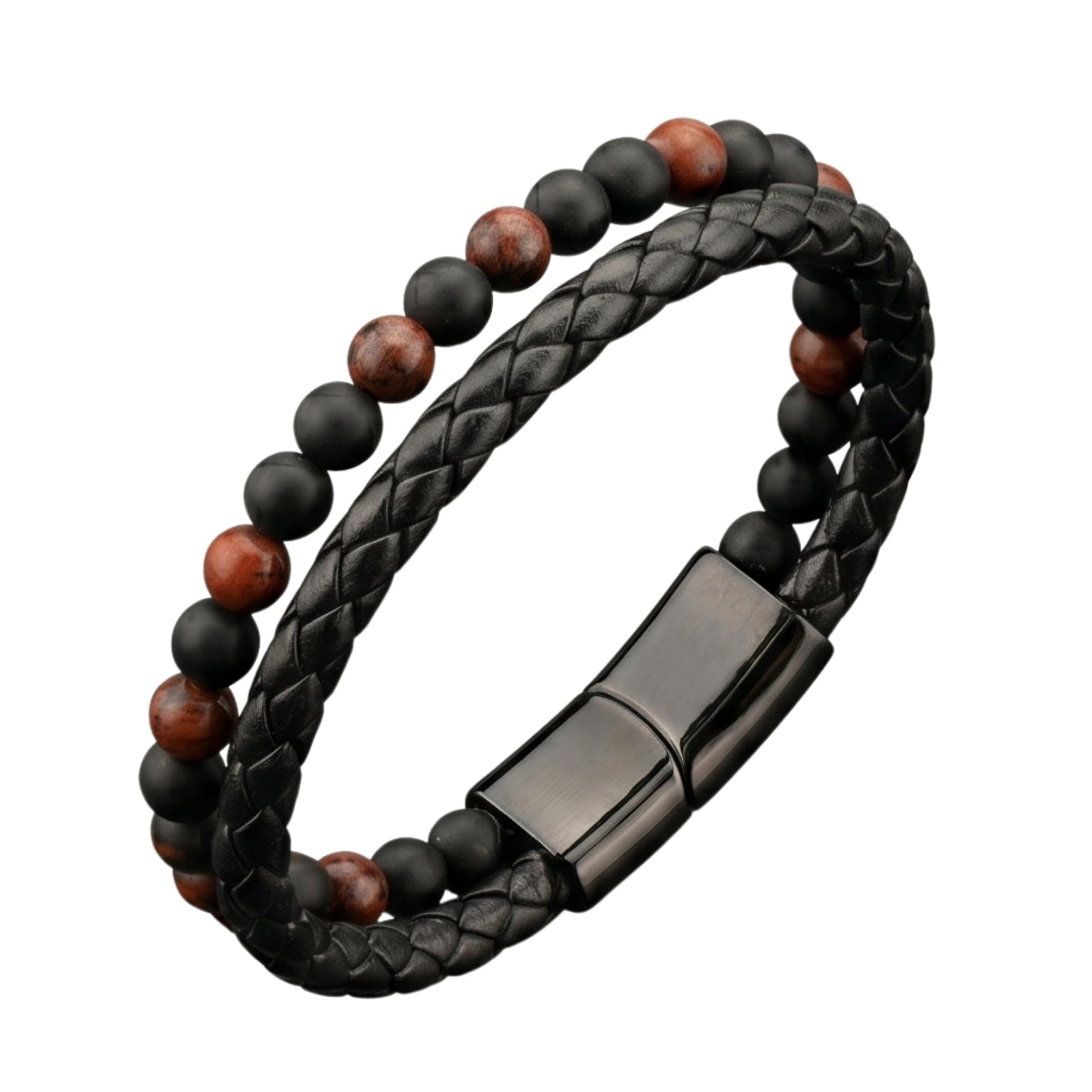 THE MEN THING Bead Bracelets ECLIPSE SAND - European Style Genuine Leather Bracelet with Multi-Layer Braided, 100% Stainless Steel Magnetic Buckle for Men & Boys (7 inch)