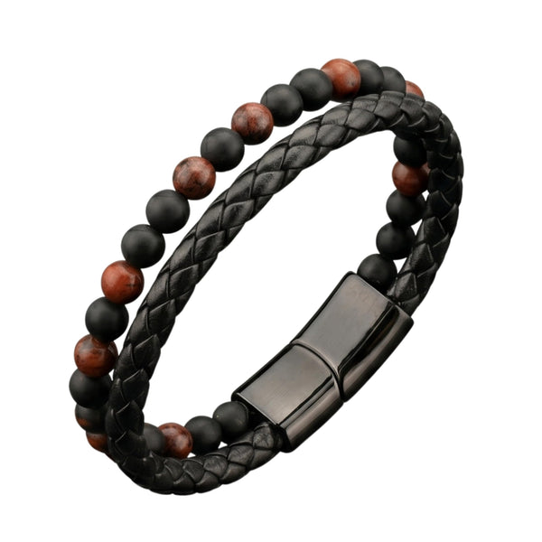 ECLIPSE SAND - European Style Genuine Leather Bracelet with Multi-Layer Braided, 100% Stainless Steel Magnetic Buckle for Men & Boys (7 inch)