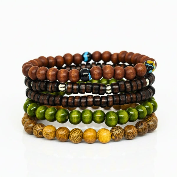 FOREST SOUL - 5 Pcs Genuine Leather Adjustable Bracelet Set for Men & Boys (8 inch)