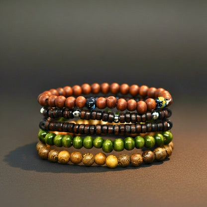 THE MEN THING Bead Bracelets FOREST SOUL - 5 Pcs Genuine Leather Adjustable Bracelet Set for Men & Boys (8 inch)