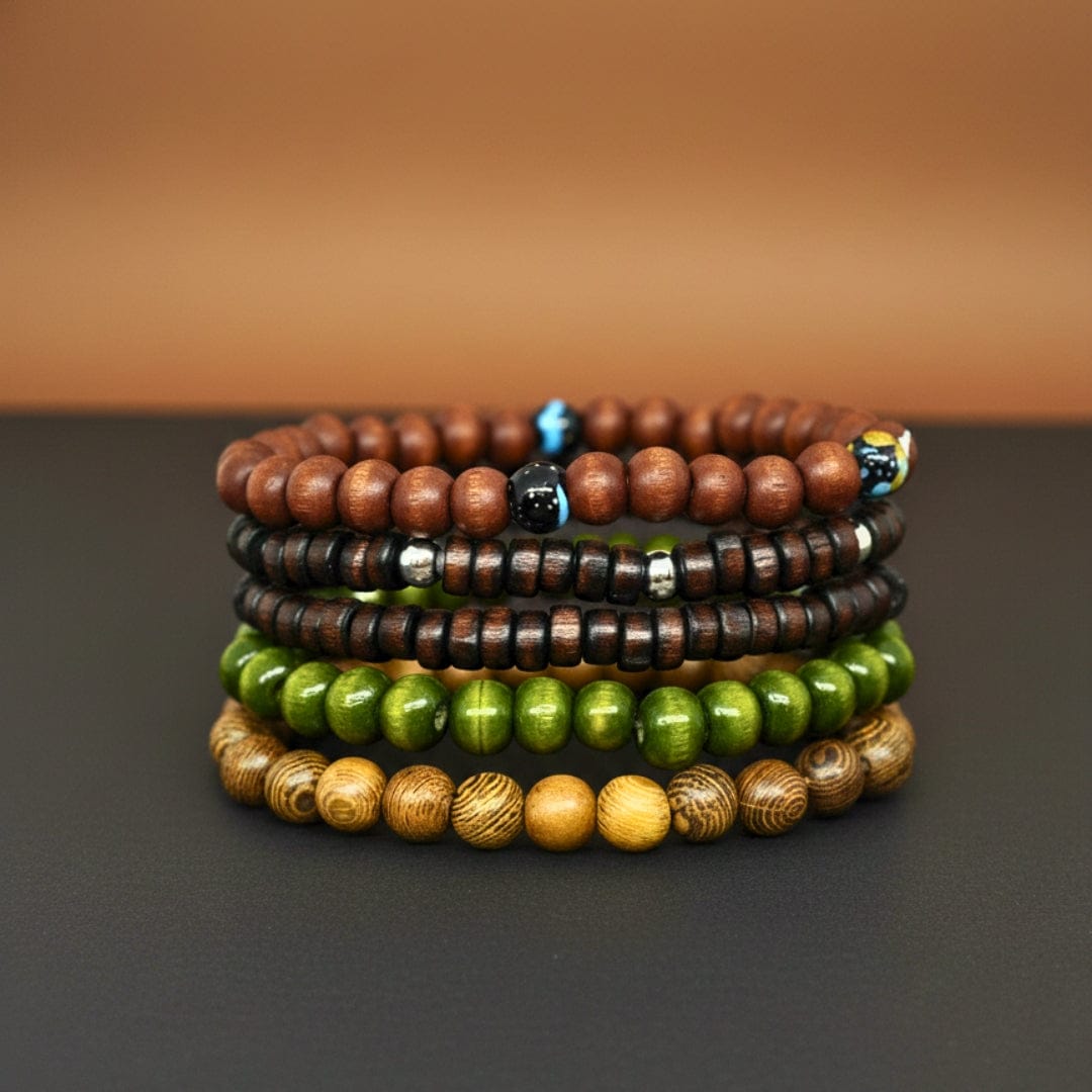 THE MEN THING Bead Bracelets FOREST SOUL - 5 Pcs Genuine Leather Adjustable Bracelet Set for Men & Boys (8 inch)