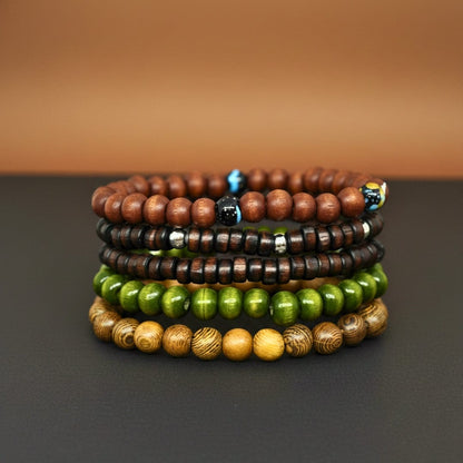 THE MEN THING Bead Bracelets FOREST SOUL - 5 Pcs Genuine Leather Adjustable Bracelet Set for Men & Boys (8 inch)