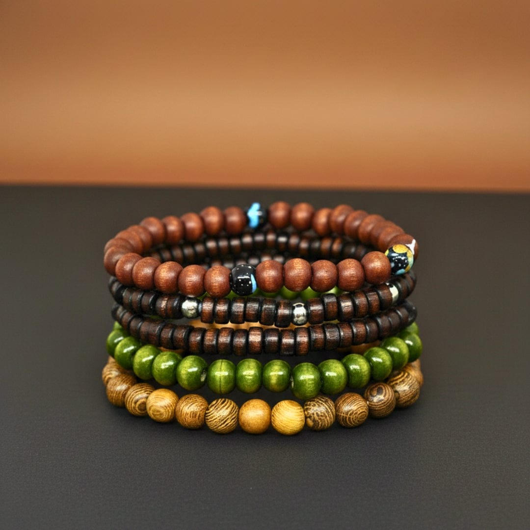 THE MEN THING Bead Bracelets FOREST SOUL - 5 Pcs Genuine Leather Adjustable Bracelet Set for Men & Boys (8 inch)