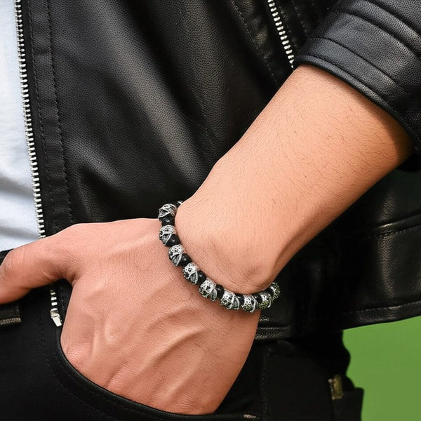 GRIM SKULL - Black Agate - 8inch Pure Stainless Steel Bracelet for Men & Boy