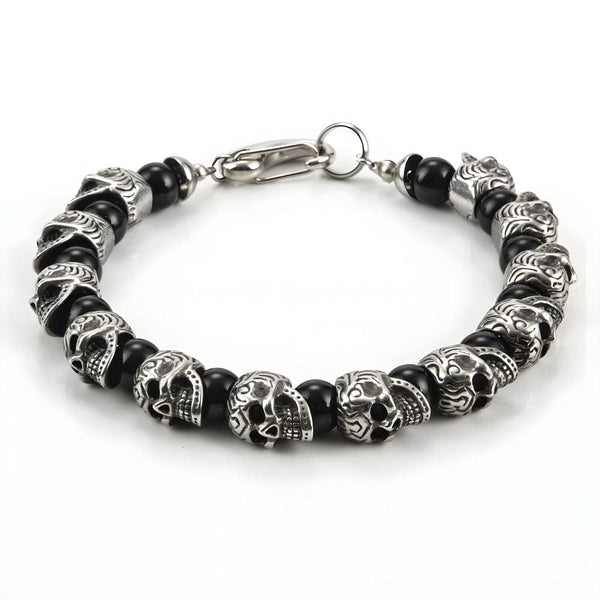GRIM SKULL - Black Agate - 8inch Pure Stainless Steel Bracelet for Men & Boy