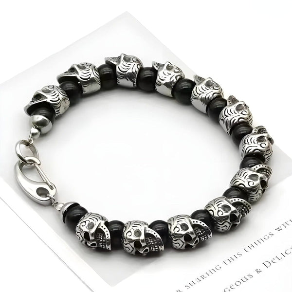 GRIM SKULL - Black Agate - 8inch Pure Stainless Steel Bracelet for Men & Boy