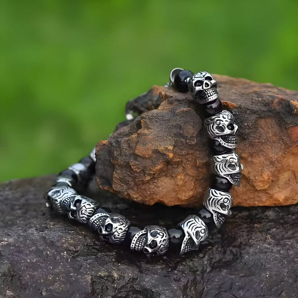 GRIM SKULL - Black Agate - 8inch Pure Stainless Steel Bracelet for Men & Boy