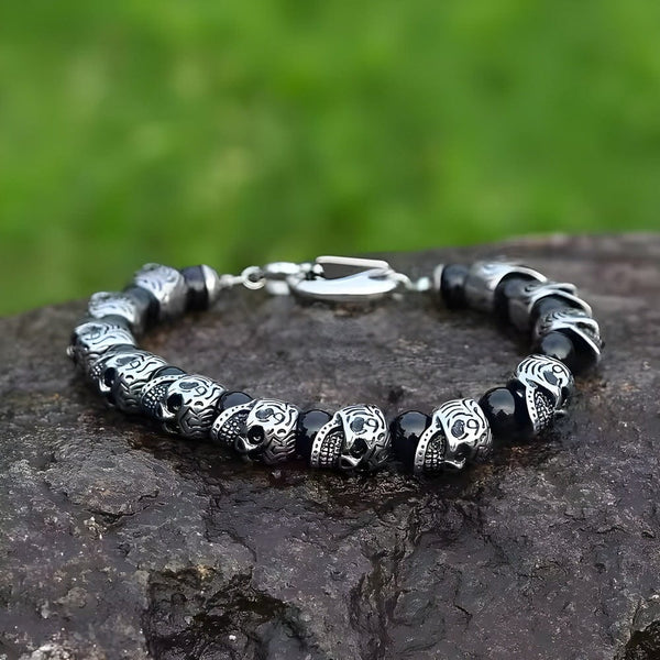 GRIM SKULL - Black Agate - 8inch Pure Stainless Steel Bracelet for Men & Boy