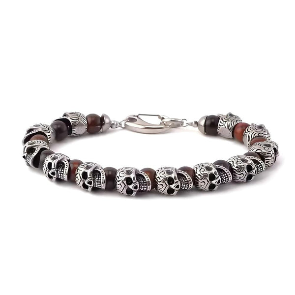 GRIM SKULL - Red Tiger Eye - 8inch Pure Stainless Steel Bracelet for Men & Boy