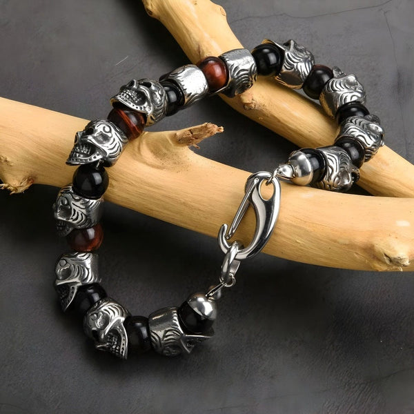 GRIM SKULL - Red Tiger Eye - 8inch Pure Stainless Steel Bracelet for Men & Boy