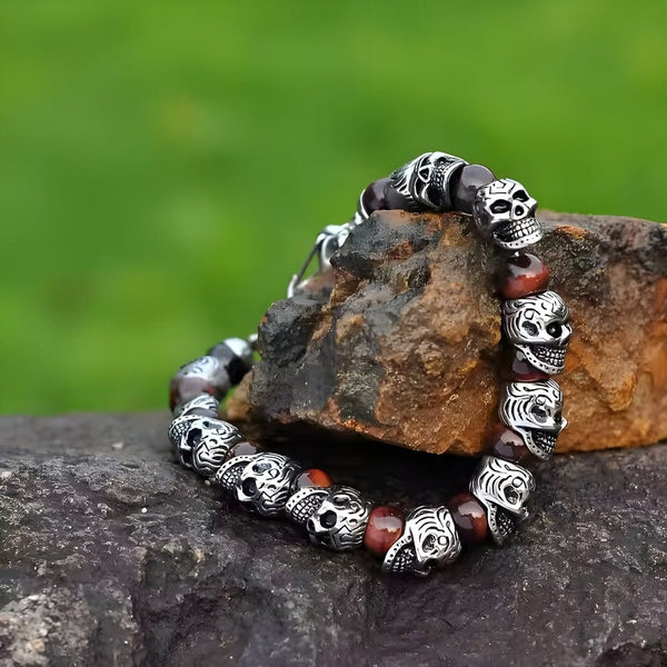GRIM SKULL - Red Tiger Eye - 8inch Pure Stainless Steel Bracelet for Men & Boy
