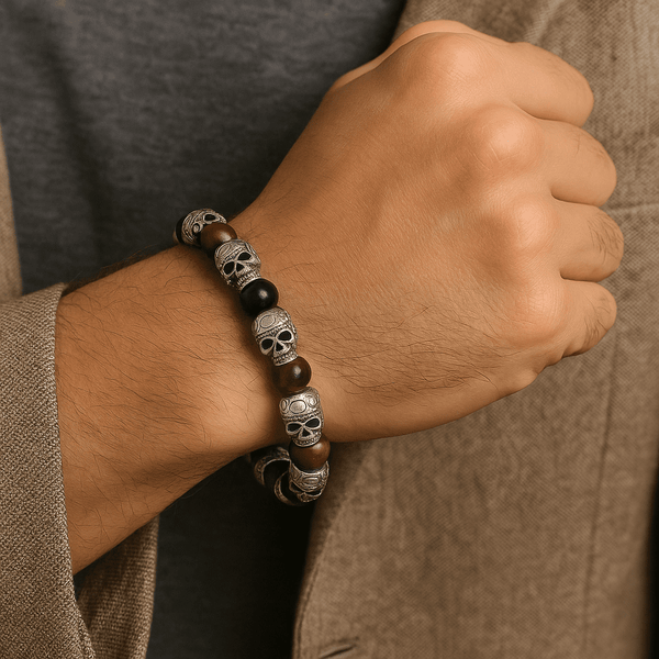 GRIM SKULL - Red Tiger Eye - 8inch Pure Stainless Steel Bracelet for Men & Boy