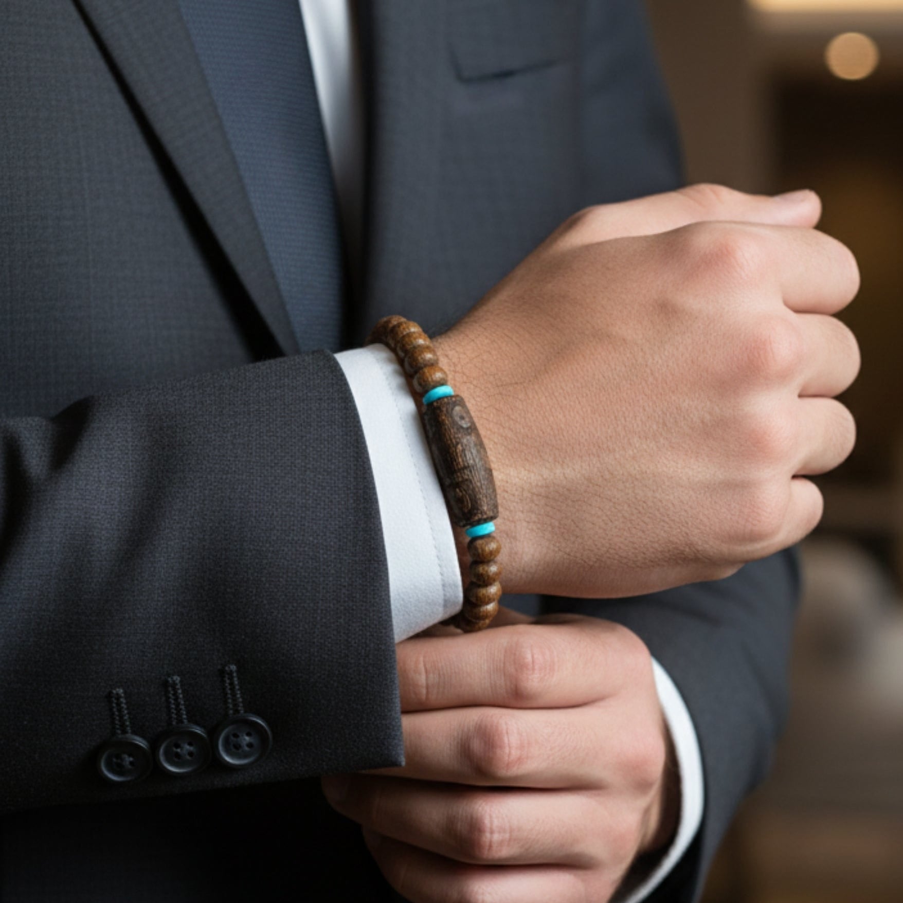 THE MEN THING Bead Bracelets LAVA SAGE  - 10mm Wooden Beads Bracelet with Natural Stone - Adjustable Bracelet