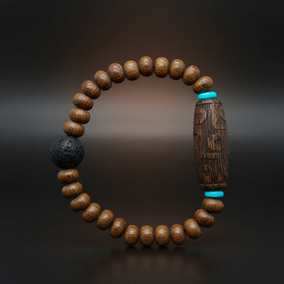 THE MEN THING Bead Bracelets LAVA SAGE  - 10mm Wooden Beads Bracelet with Natural Stone - Adjustable Bracelet