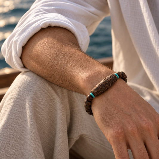 THE MEN THING Bead Bracelets LAVA SAGE  - 8mm Wooden Beads Bracelet with Natural Stone - Adjustable Bracelet