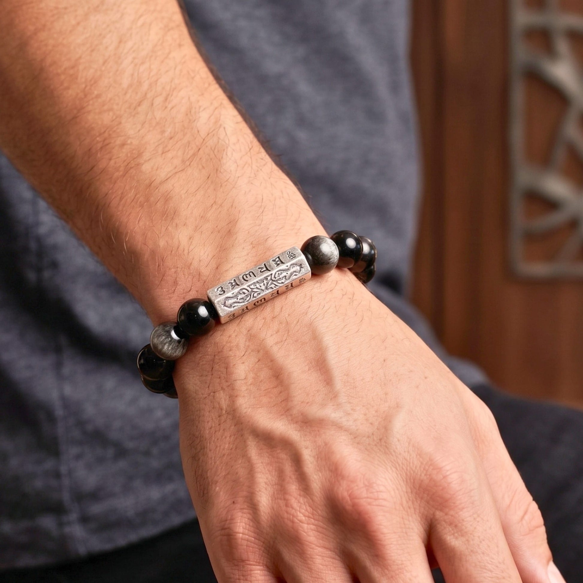 THE MEN THING Bead Bracelets ONYX MANTRA - 12mm Beads Bracelet with Natural Stone Adjustable Bracelet for Men & Boys