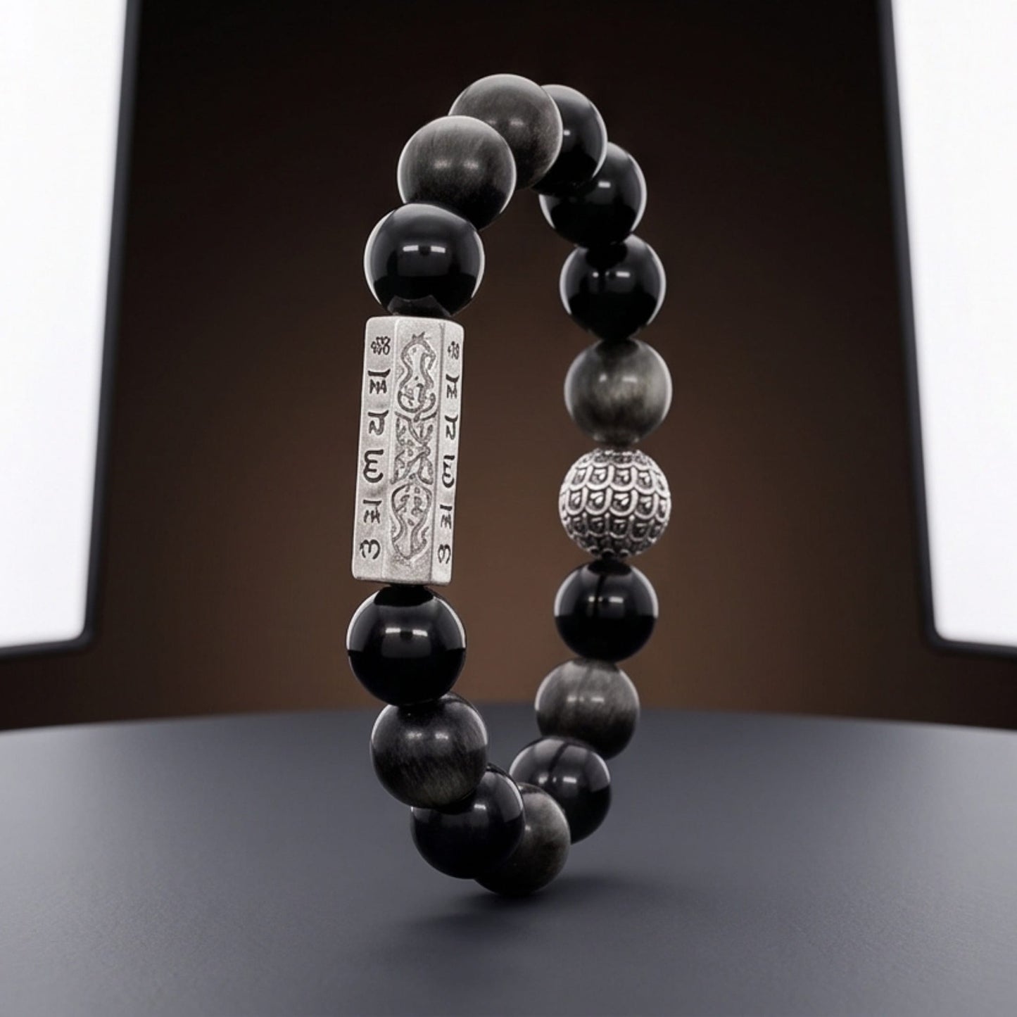 THE MEN THING Bead Bracelets ONYX MANTRA - 12mm Beads Bracelet with Natural Stone Adjustable Bracelet for Men & Boys