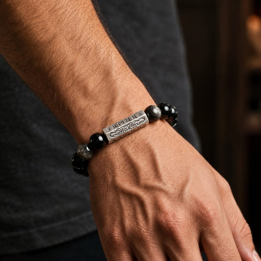 THE MEN THING Bead Bracelets ONYX MANTRA - 12mm Beads Bracelet with Natural Stone Adjustable Bracelet for Men & Boys