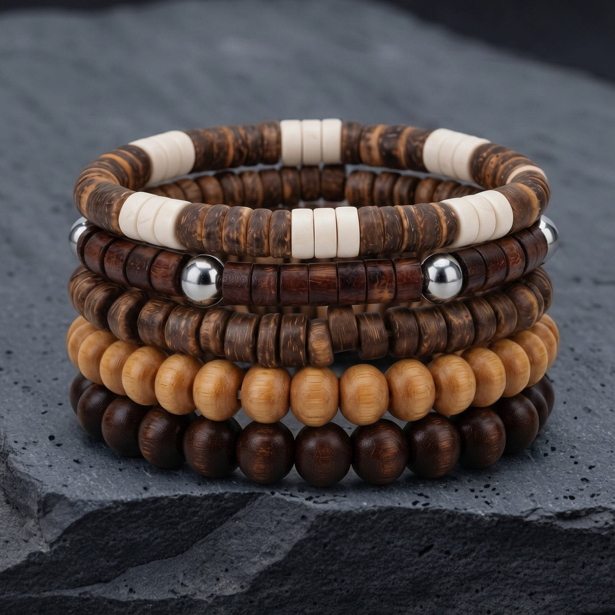 THE MEN THING Bead Bracelets RUSTIC ROOT - 5 Pcs Genuine Beads Adjustable Bracelet for Men & Boys