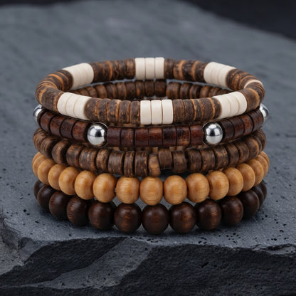 THE MEN THING Bead Bracelets RUSTIC ROOT - 5 Pcs Genuine Beads Adjustable Bracelet for Men & Boys