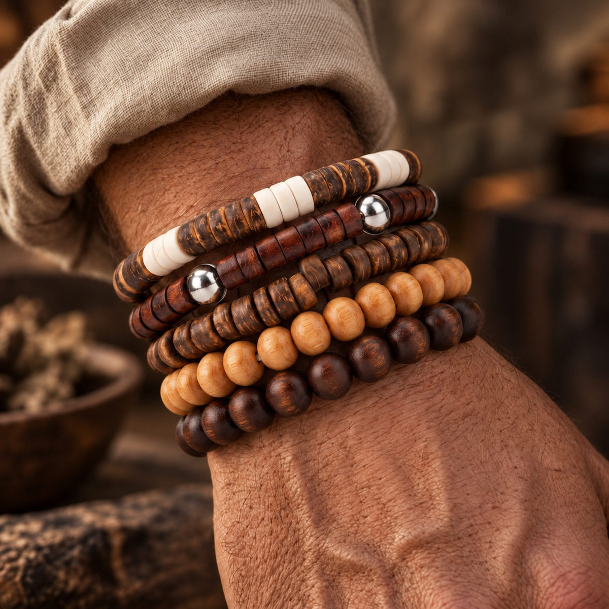 THE MEN THING Bead Bracelets RUSTIC ROOT - 5 Pcs Genuine Beads Adjustable Bracelet for Men & Boys