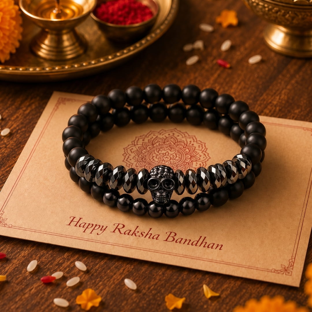 THE MEN THING Bead Bracelets The Perfect Rakhi Gift For Every Brother – LAVA EMBRACE SKUL DUO - Black Silver tone - Premium Beads Bracelets With Timeless Style (7inch)