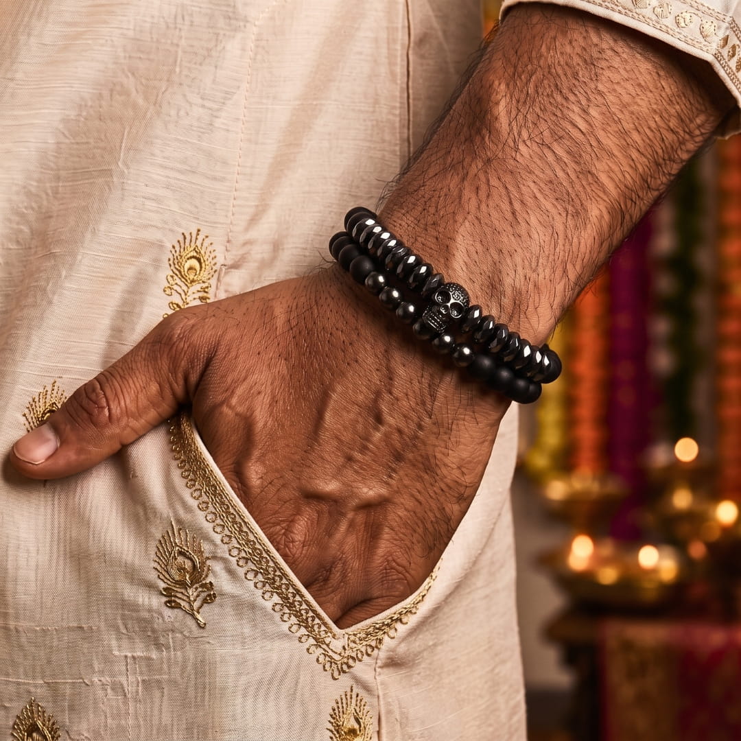 THE MEN THING Bead Bracelets The Perfect Rakhi Gift For Every Brother – LAVA EMBRACE SKUL DUO - Black Silver tone - Premium Beads Bracelets With Timeless Style (7inch)