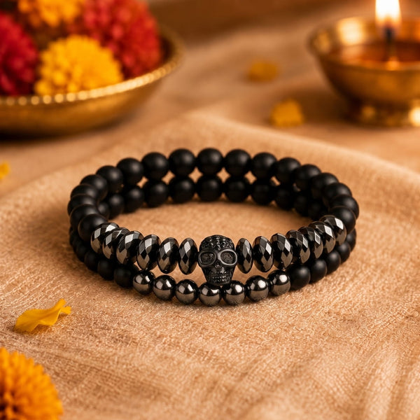 The Perfect Rakhi Gift For Every Brother – LAVA EMBRACE SKUL DUO - Black Silver tone - Premium Beads Bracelets With Timeless Style (7inch)
