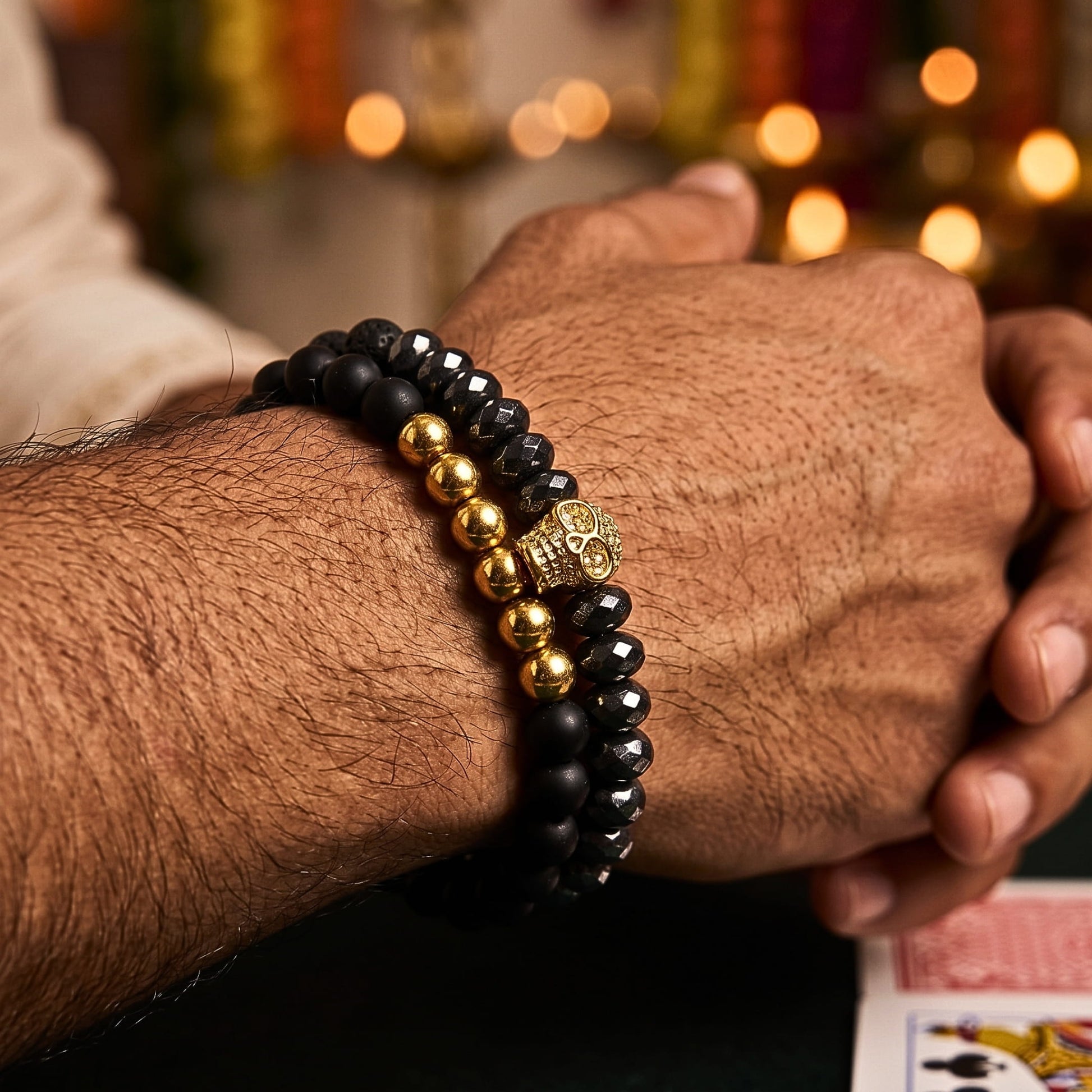 THE MEN THING Bead Bracelets The Perfect Rakhi Gift For Every Brother – LAVA EMBRACE SKULL DUO - Gold Toned - Premium Beads Bracelets With Timeless Style (7inch)
