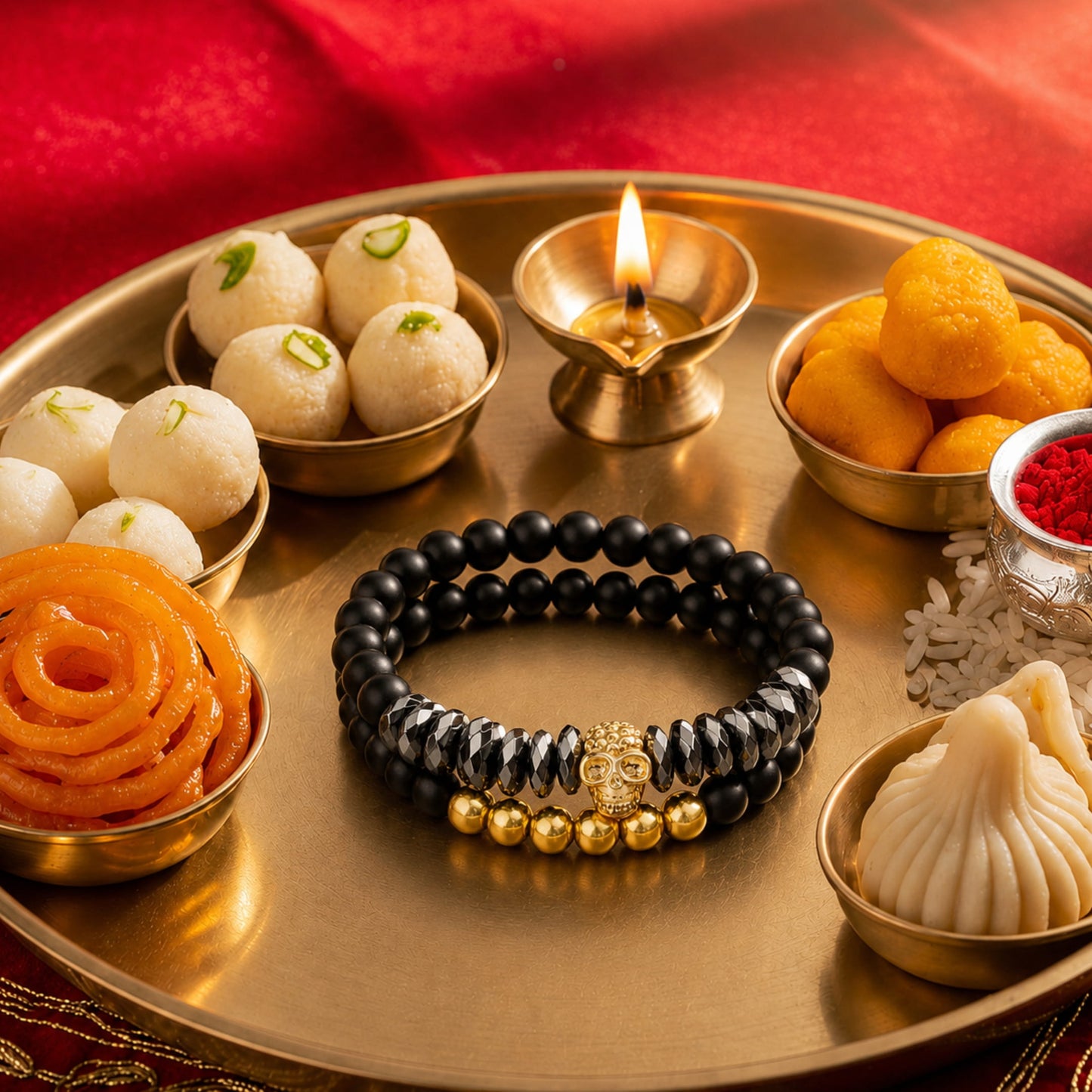 THE MEN THING Bead Bracelets The Perfect Rakhi Gift For Every Brother – LAVA EMBRACE SKULL DUO - Gold Toned - Premium Beads Bracelets With Timeless Style (7inch)