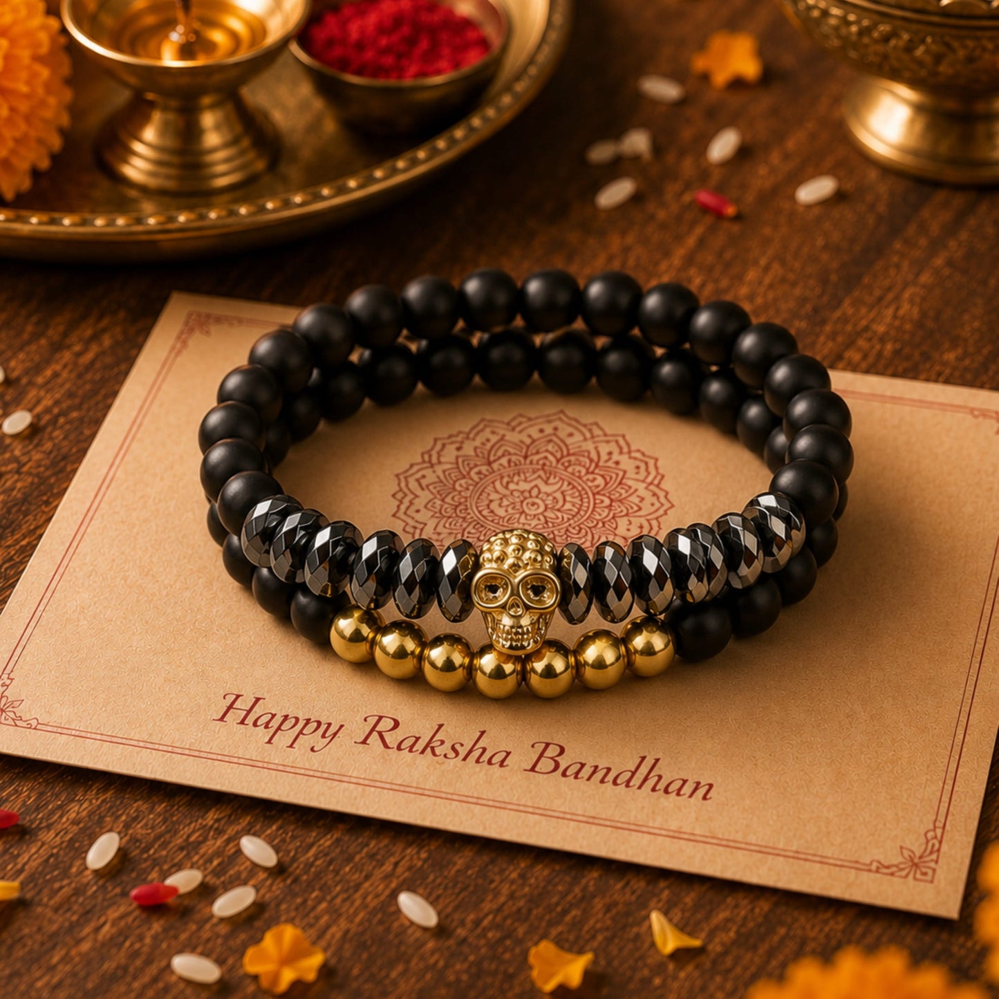 THE MEN THING Bead Bracelets The Perfect Rakhi Gift For Every Brother – LAVA EMBRACE SKULL DUO - Gold Toned - Premium Beads Bracelets With Timeless Style (7inch)