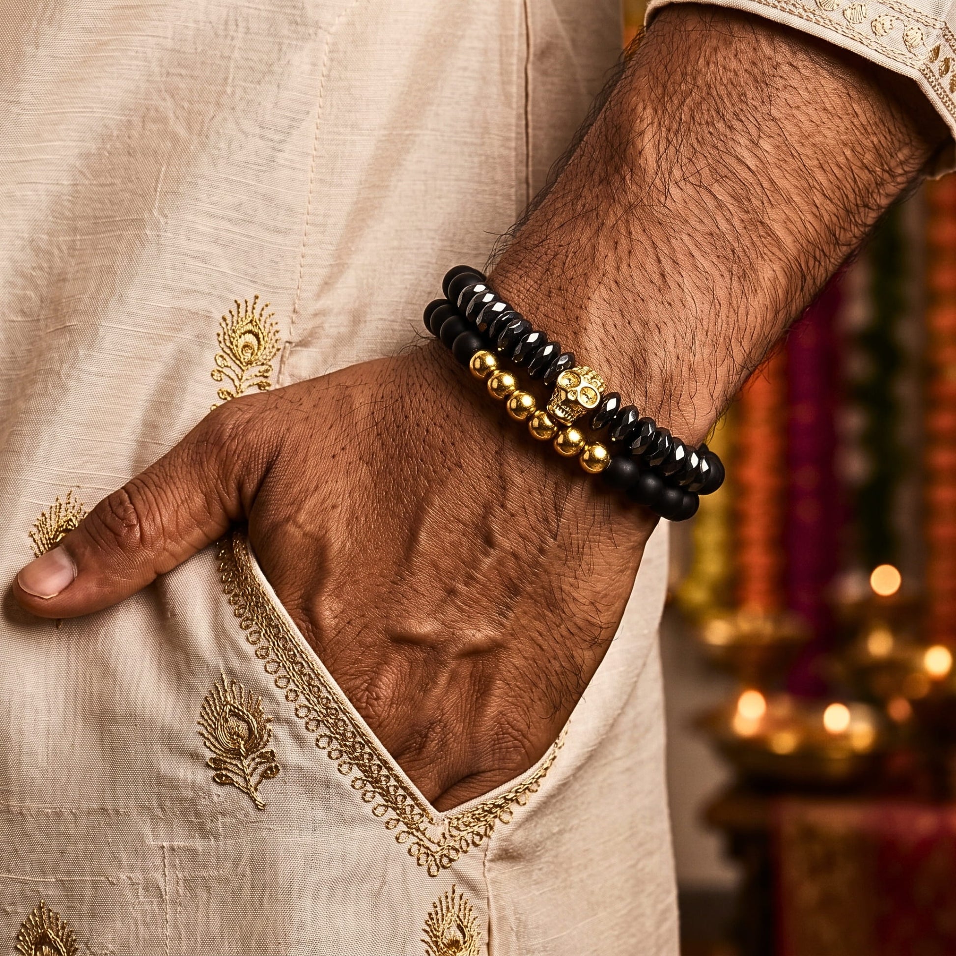 THE MEN THING Bead Bracelets The Perfect Rakhi Gift For Every Brother – LAVA EMBRACE SKULL DUO - Gold Toned - Premium Beads Bracelets With Timeless Style (7inch)
