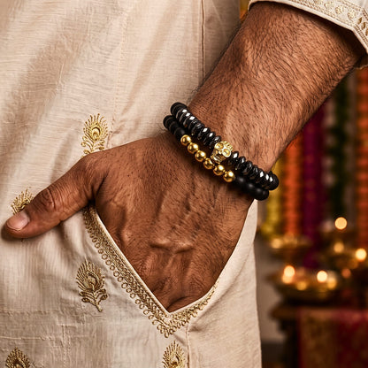 THE MEN THING Bead Bracelets The Perfect Rakhi Gift For Every Brother – LAVA EMBRACE SKULL DUO - Gold Toned - Premium Beads Bracelets With Timeless Style (7inch)