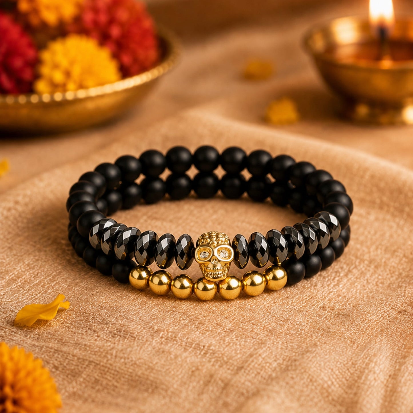 THE MEN THING Bead Bracelets The Perfect Rakhi Gift For Every Brother – LAVA EMBRACE SKULL DUO - Gold Toned - Premium Beads Bracelets With Timeless Style (7inch)