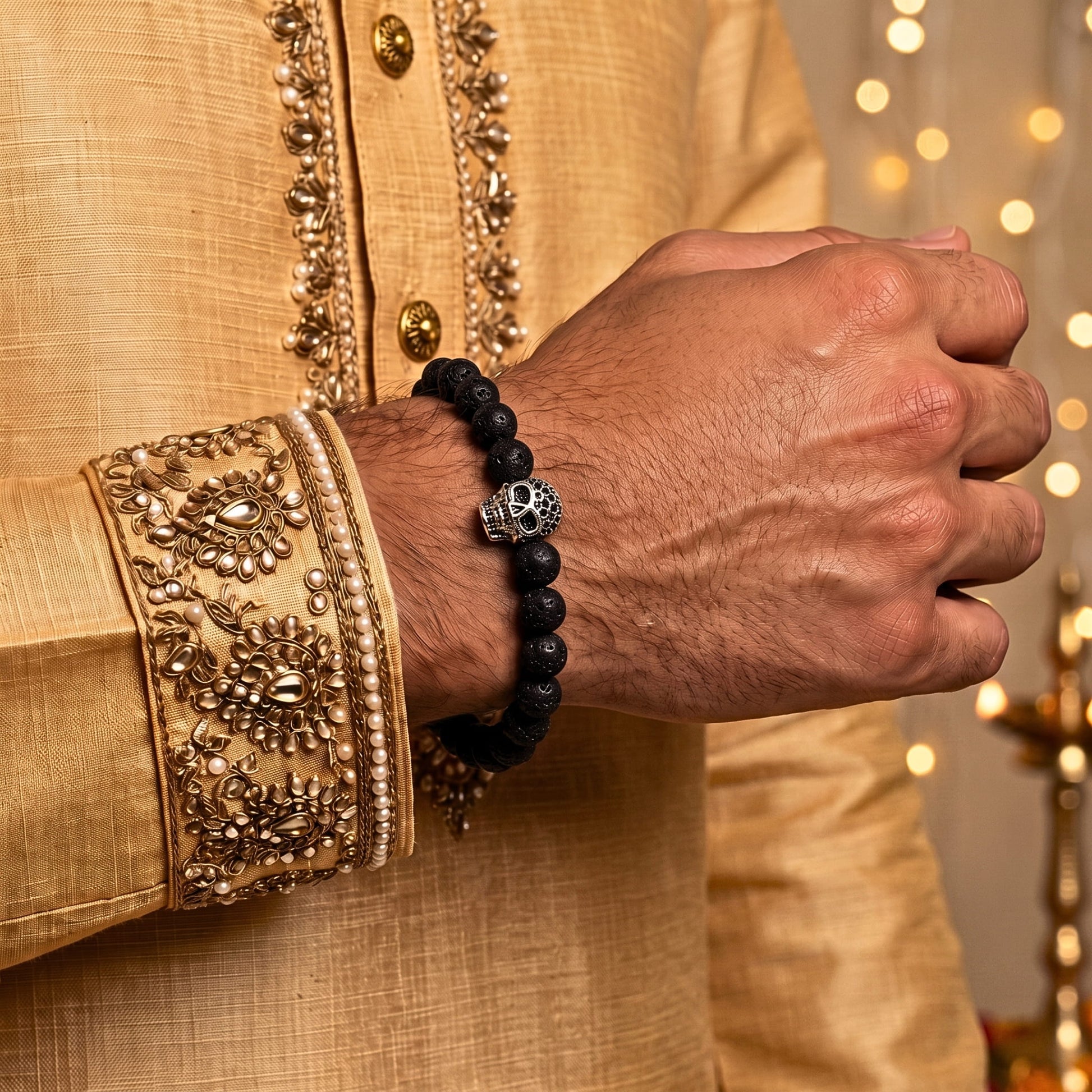 THE MEN THING Bead Bracelets The Perfect Rakhi Gift For Every Brother – LAVA SKULL SILVER TONE - Premium Beads Bracelets With Timeless Style (7inch)